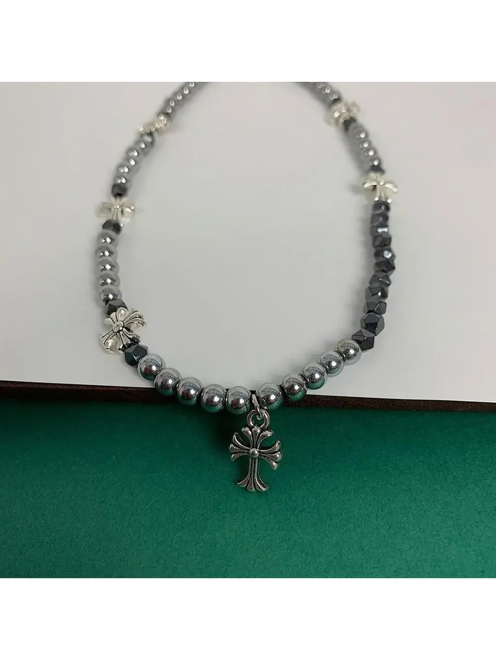 Cyber y2k 2000s style grunge chrome pearl rhinestone silver cross pendant Cuban
